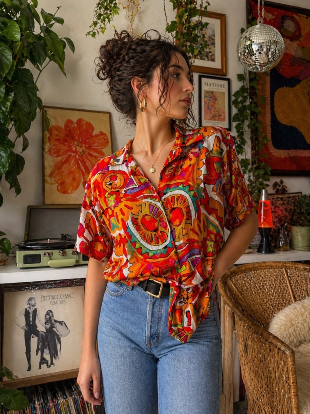 Vintage A.K.F. New York Abstract Print Button Up Top Petite